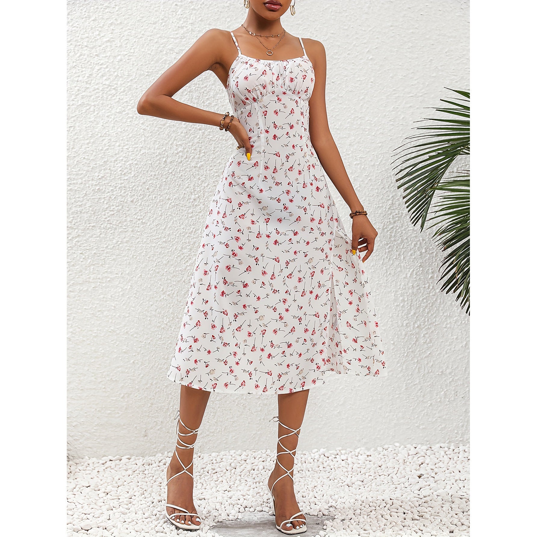 Women's Polka Dot Suspender Party Dress – Split Long Dress for Evening Glamour
